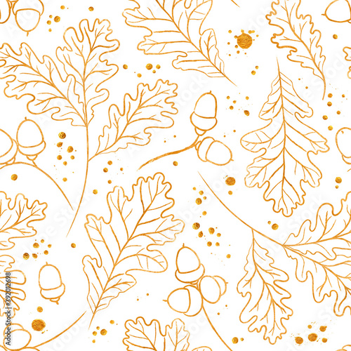 Seamless raster pattern with watercolor golden silhouettes of oak leaves and acorns. Perfect for greetings, invitations, manufacture wrapping paper, textile, wedding and web design.