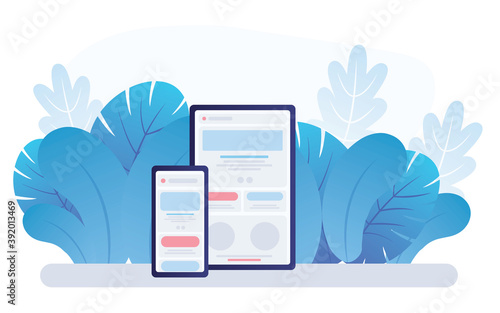 Adaptive programming icons set. Multi device development, software engineering. Responsive web design, The website is open on computer, laptop, tablet and smartphone. Flat vector /Icon illustration.