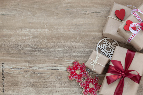 Christmas and New Year presents and boxes on wooden background