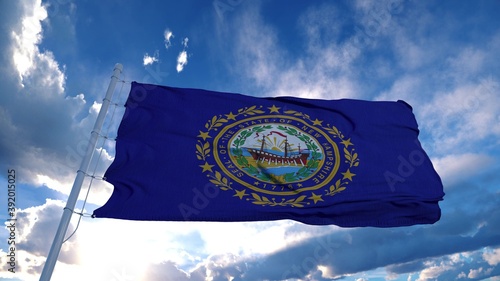 Photography New Hampshire flag on a flagpole waving in the wind, blue sky background