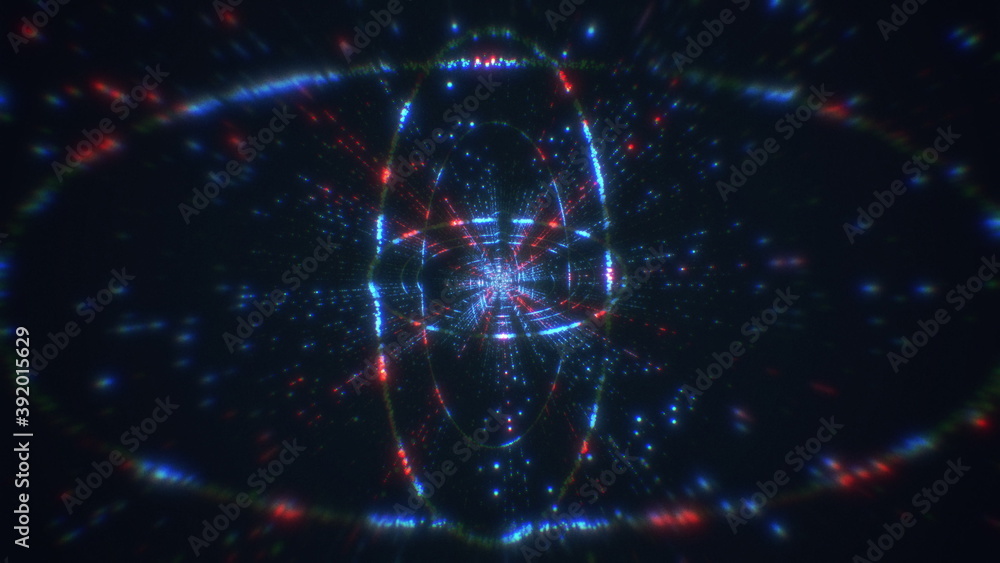 Flying into abstract oval-shaped digital technologies tunnel. 3d rendering