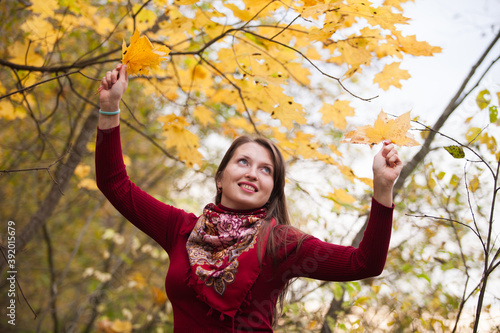 Young woman on a background of yellow maple leaves