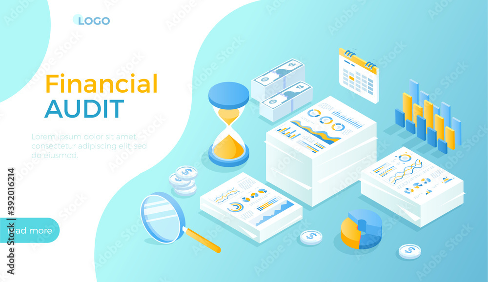 Financial auditing, analysis, accounting, tax, research, financial report. Business documents, money on account. Isometric vector illustration for website.