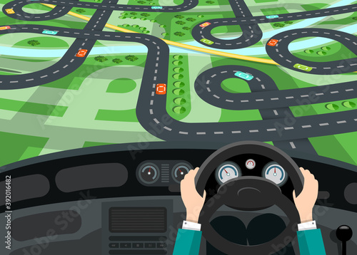 Car Interior with Hands on Steering Wheel and City Map