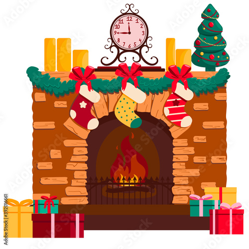  Christmas fireplace with candles and a clock. Decorated with garland and bows