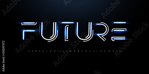 Future style alphabet. Line innovation font, cyber tech type for innovate futuristic logo, techno monogram, network and hud graphic. New technology science style letters, vector typography design