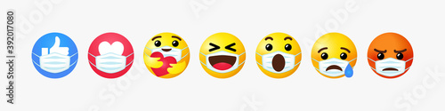 Emoji smile face with guard mouth mask. Yellow 3D emoticon  icon set wearing a white surgical mask. World Smile Day, October 4th vector illustration