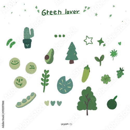 Cute Icon hand drawing with text and doodle for sticker note. Greenery variation, many tone of green. Nature and Vegetable