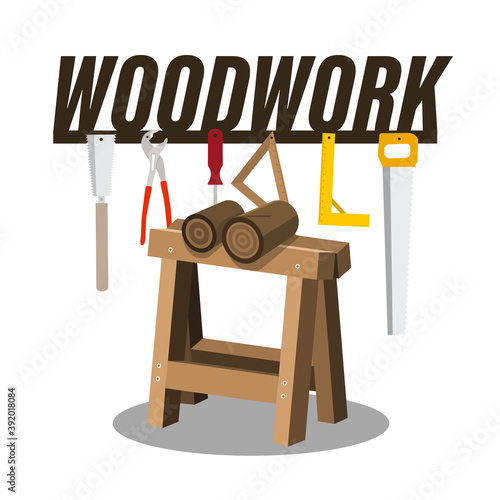 Woodwork Vector Cartoon with Wood and Tools Isolated on White Background