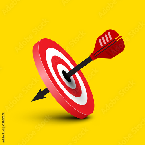 Successful Shot on Dartboart with Dart on Yellow Background - Vector