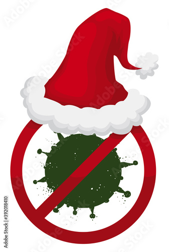 Banning Signal with Santa's Hat Forbidding COVID-19, Vector Illustration