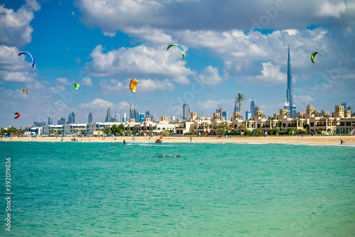 DUBAI, UAE - DECEMBER 11, 2016: People enjoy Kite Beach on a beautiful sunny day photo