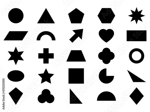 Geometric shape icon set. Black silhouette large collection basic figures isolated on white
