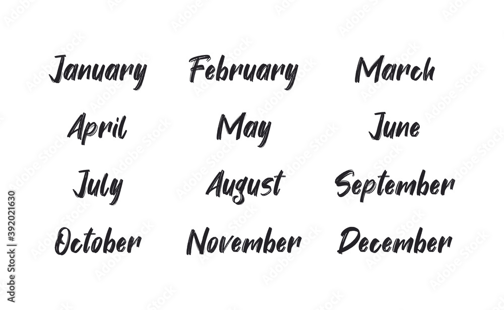 Handwritten names of months: December, January, February, March, April, May, June, July, August, September, October, November. Calligraphy words for calendars and organizers. Handwritten names of months: December, January, February, March, April, May, June, July, August, September, October, November. Calligraphy words for calendars and organizers.