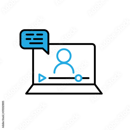 Online lesson icon. Video training symbol. Linear vector icon. Person talking in screen.