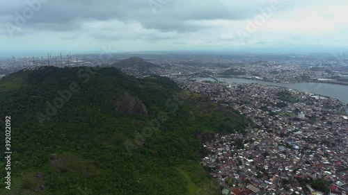 Aerial landscape of the Fonte Grande State Park and the city of Vitoria. Video recorded Vitoria, Espirito Santo in 2020.
