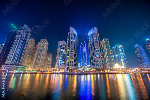 DUBAI, UAE - DECEMBER 10, 2016: Skyscrapers in Dubai Marina at night, UAE
