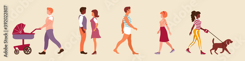 Set of people walking in the park. Outdoor activity. Vector illustration.
