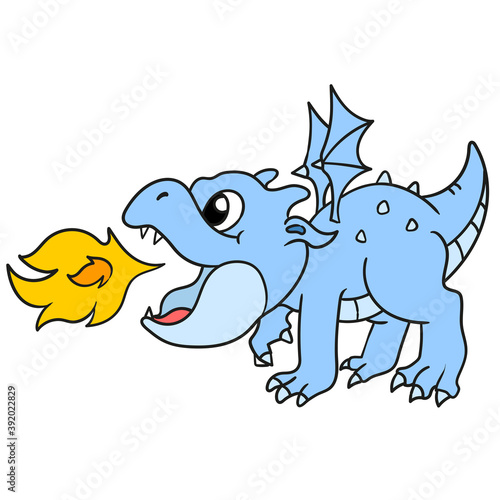 blue dragon flying and spitting flame. vector illustration of cartoon character mascot