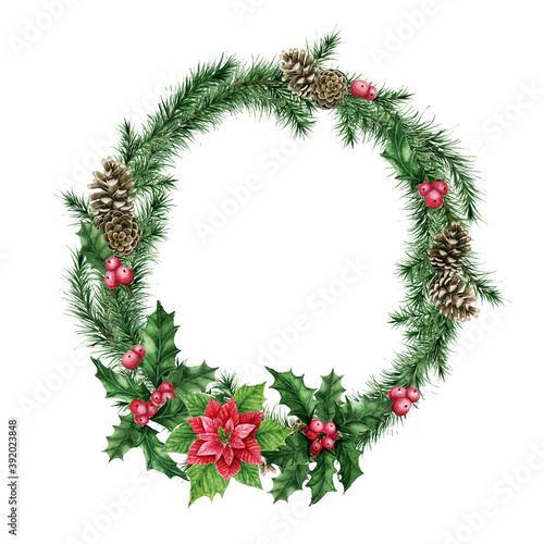 Christmas Holly branches, berries and Spruce branches wreath. For card Design, invitations. Watercolor hand drawn isolated Holly branches and Fir wreath. Winter holiday. White background