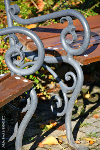 Ornate metal parts of the park benches