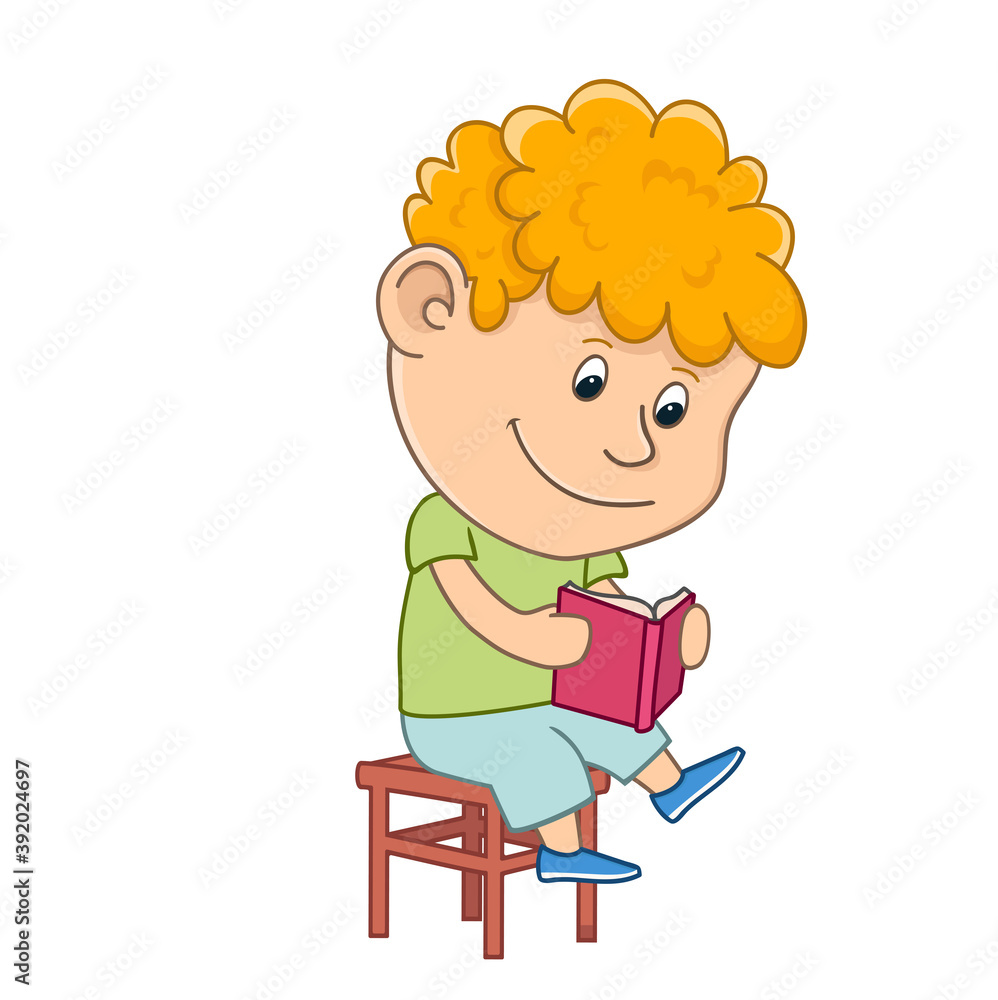 boy reading a book sitting on a chair. cartoon kid. isolated on white background vector illustration