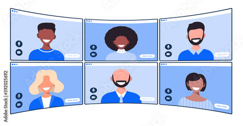 group of people talking in videocall conference, social distancing. Vector illustration of people having communication via telecommuting system. Moondes_12-11-2020-1