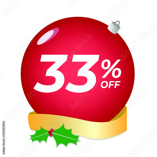 33% off. Thirty-three percent discount. Christmas sale banner. Red bubble with ornaments on a white background vector.