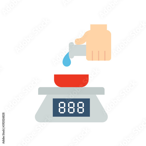 Pharmaceutical production industry or lab test vector icon. Process of weighing substrate consist of balance scale or measurement weigh equipment, liquid or chemical drop, test tube, scientist hand.