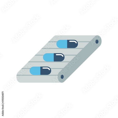 Pharmaceutical, nutraceutical, cleaning product and supplement manufacturing production industry vector icon. That industrial process. Consist of capsule product, production line, automation machine.