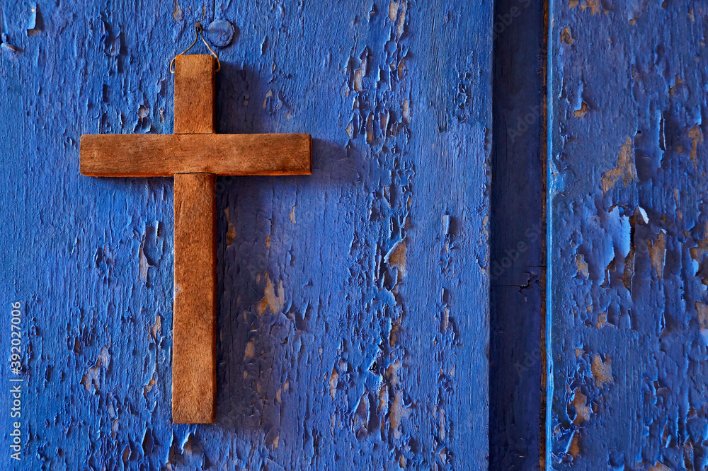 Cross on old blue door, Sao Joao del Rei, Brazil