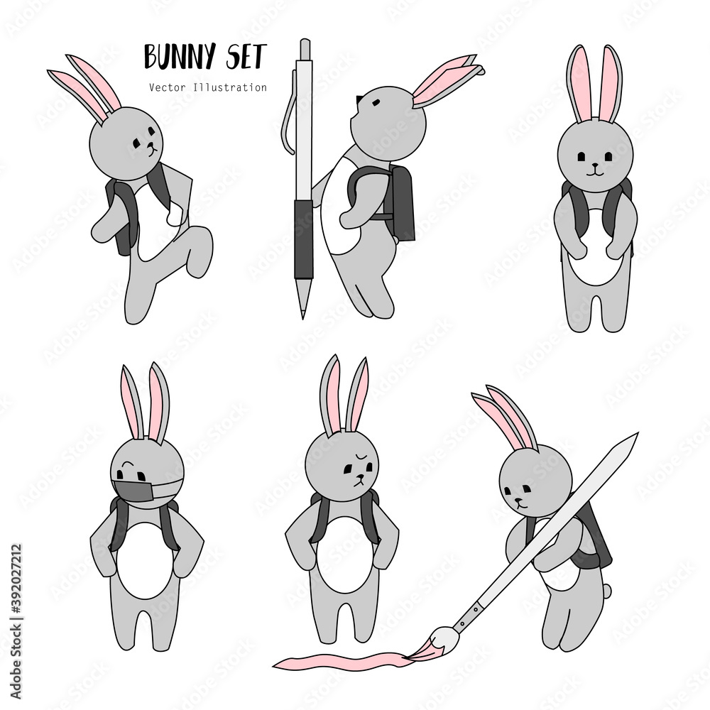 Hand drawn cartoon bunny with backpack in school. Set of vector bunnies.  Cute scketch character design in funny poses. Gray Rabbit schoolboy .  Doodle style funny icon. Simple line stickers Stock Illustration |