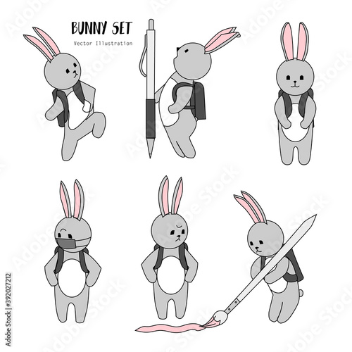 Hand drawn cartoon bunny with backpack in school. Set of vector bunnies. Cute scketch character design in funny poses. Gray Rabbit schoolboy . Doodle style funny icon. Simple line stickers	
 photo