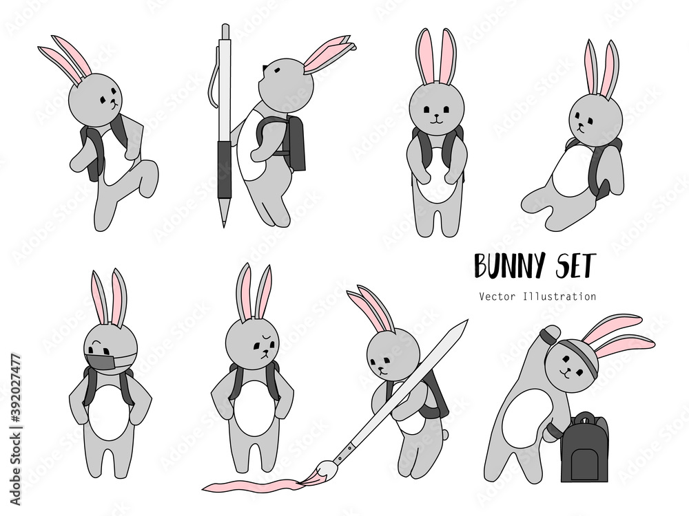 Hand drawn bunny with backpack in school. Set of  cartoon vector bunnies. Cute character design. Sketch Rabbit schoolboy . Doodle funny icon. Simple line stickers.	Back to school
