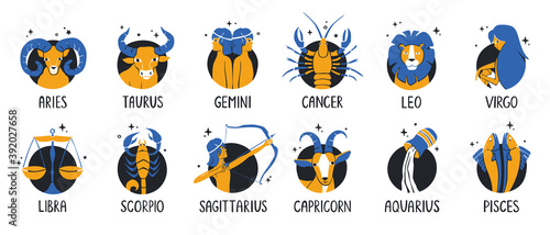 Zodiac icons set. Collection of highlight story covers for social media. Twelve close-up astrological signs with handwritten names. Vector shabby hand drawn illustration