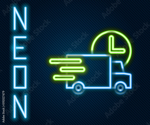 Glowing neon line Fast round the clock delivery by car icon isolated on black background. Colorful outline concept. Vector.