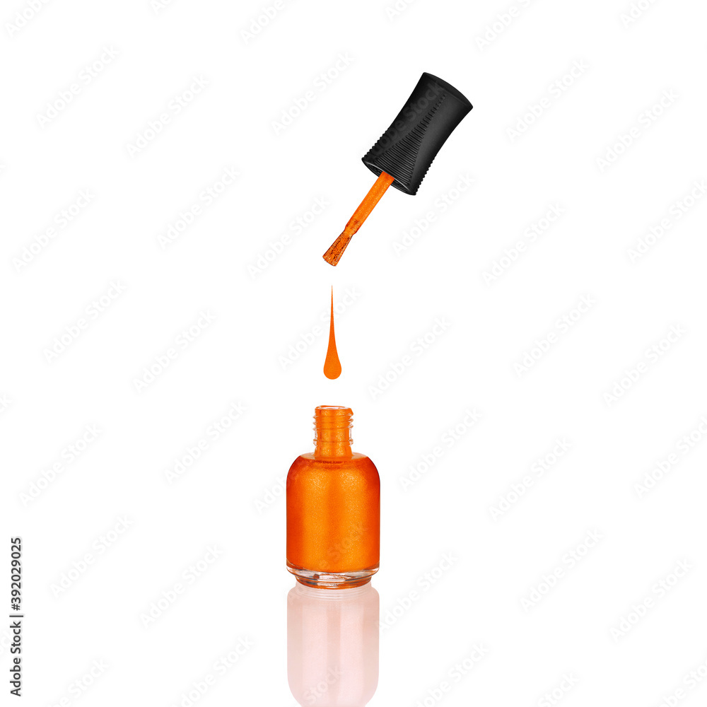 Orange nail polish glass bottle, brush, drop white background isolated close up, mirror reflection, red open varnish package, shadow, one lacquer box, shiny enamel, glitter gel, cosmetic accessory Orange nail polish glass bottle, brush, drop white background isolated close up, mirror reflection, red open varnish package, shadow, one lacquer box, shiny enamel, glitter gel, cosmetic accessory