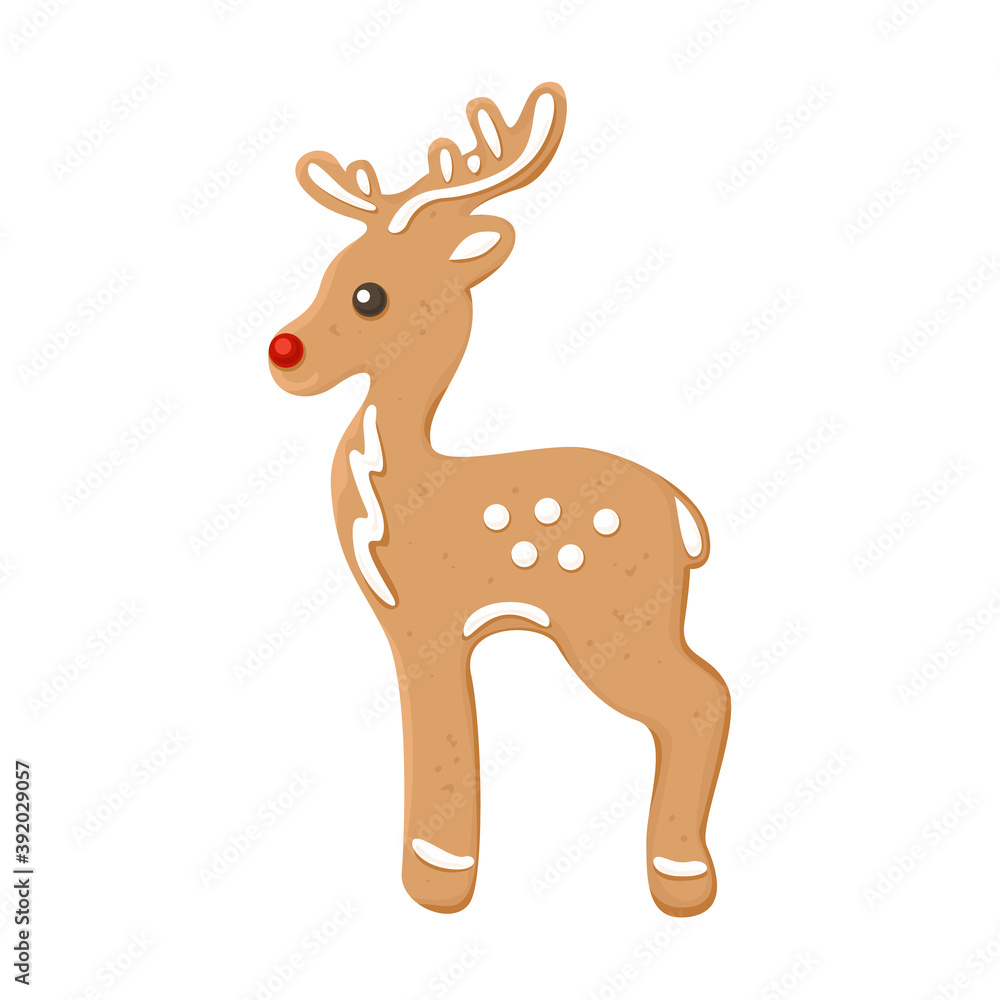 Reindeer gingerbread. Christmas cookies with sugar icing isolated on white background. Vector illustration of festive baking in cartoon flat style.