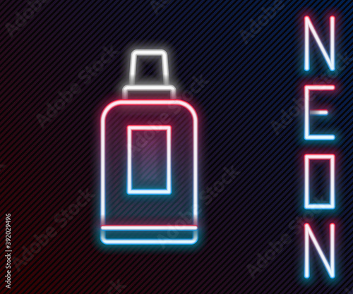 Glowing neon line Plastic bottle for laundry detergent, bleach, dishwashing liquid or another cleaning agent icon isolated on black background. Colorful outline concept. Vector.