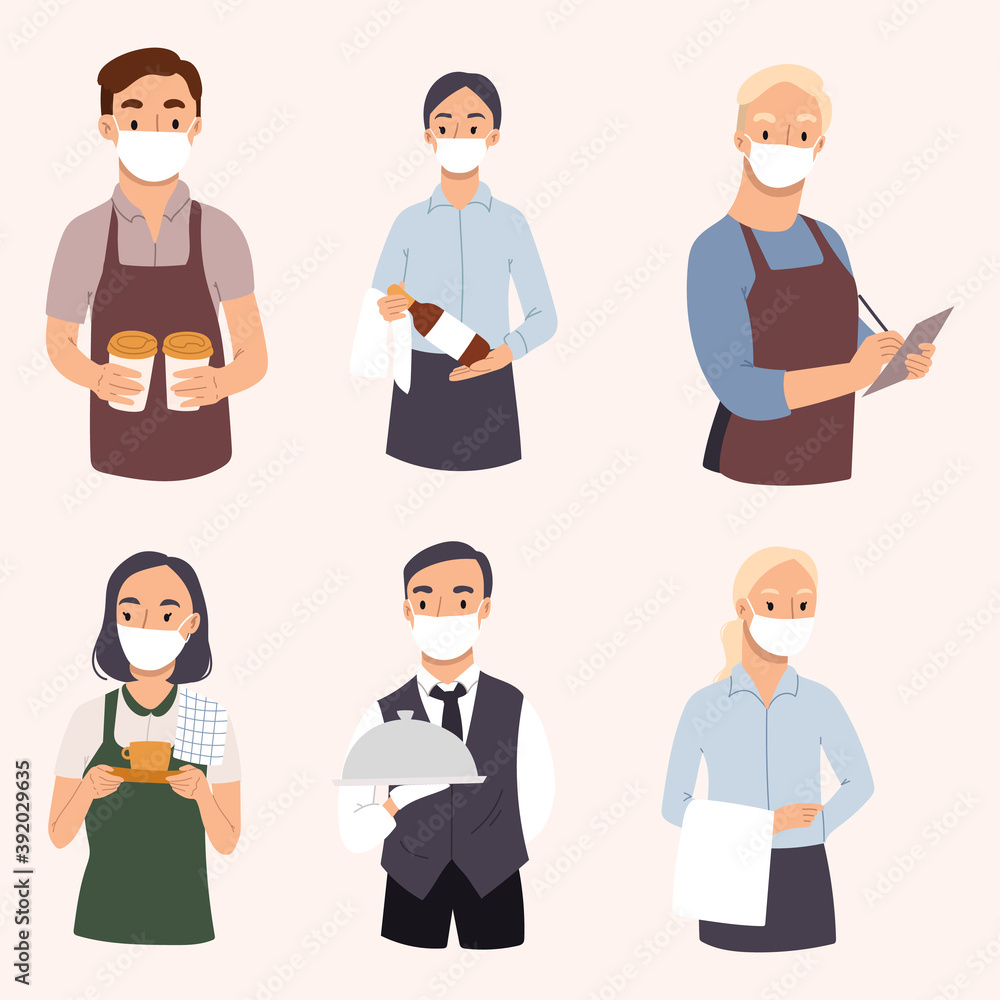 Set of young vector waiters and waitresses serving visitors. Restaurant staff characters design with face mask to protect against the virus. Hand drawn illustration. Set of young vector waiters and waitresses serving visitors. Restaurant staff characters design with face mask to protect against the virus. Hand drawn illustration.