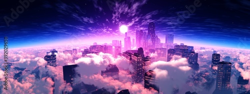 Cloud city, Heavenly landscape of clouds and skyscrapers, skyscrapers in clouds at sunset, 3D rendering