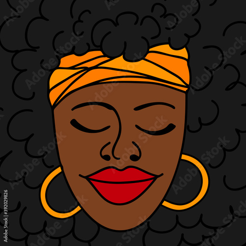 Black woman's face with closed eyes, black curly hair, red lips. Vector illustration in doodle style.
Black Lives Matter concept. Social issues of black persons.
