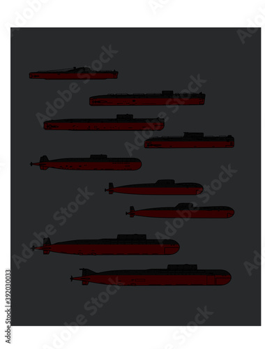 Red navy. Set of silhouettes of soviet guided missile submarines. Vector image for illustrations.