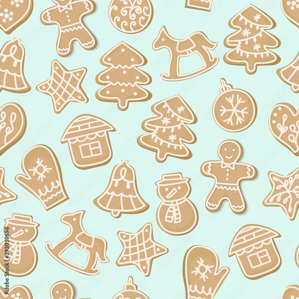 Christmas seamless pattern. sweet cookies in the form of a man, house, snowman, heart and other items. Symbols of Happy New Year and Christmas. For packaging paper, covers, fabrics. Christmas seamless pattern. sweet cookies in the form of a man, house, snowman, heart and other items. Symbols of Happy New Year and Christmas. For packaging paper, covers, fabrics.