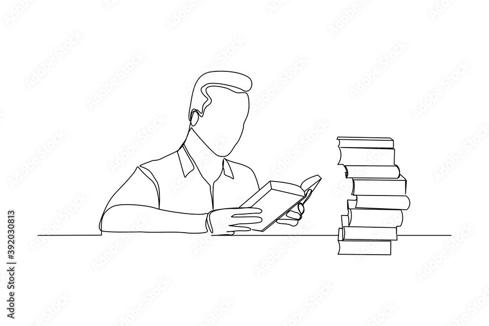 Continuous line drawing of young man studying and reading with stack of books. One line art of education concept. Vector illustration