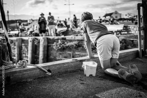 A Young Boy Kneeling Down, Crabbing At The Seaside, UK