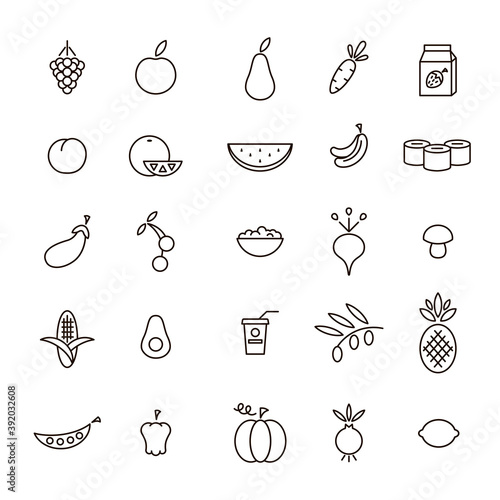 Vector set of useful eco food icons for creating mobile and web applications. Pictograms black and white outline