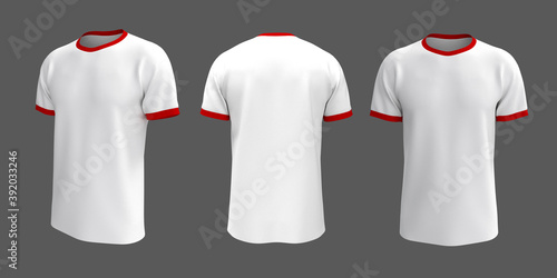 Blank ringer tee mockup in front, side, and back views isolated on grey background. 3d rendering, 3d illustration photo