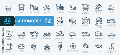 Automotive Icons Pack. Thin line icons set. Flat icon collection set. Simple vector icons photo