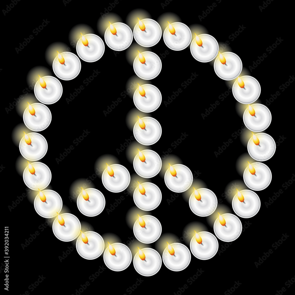 Φωτογραφία Logo « Peace and Love » formé avec des petites bougies rondes sur un fond noir